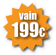 Oranssi tähtikuvio, jossa on valkoinen teksti ”vain 199 €”, mikä viittaa hintatarjoukseen.